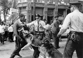 White police officers turn a dog on a young Black man
